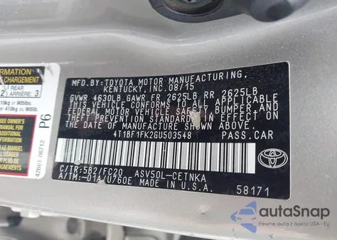 2016 Toyota Camry Le/Se/Xle/Xse z USA, uszkodzony, nr VIN 4T1BF1FK2GU503548